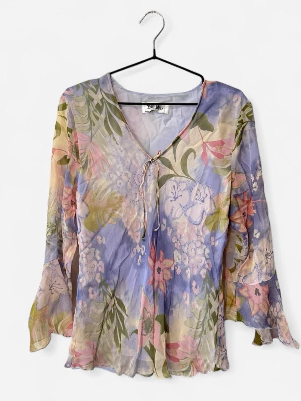 Bob Mackie Lavender Multi Floral Tie-Front Blouse Whimsy Fairy Cottage Core
